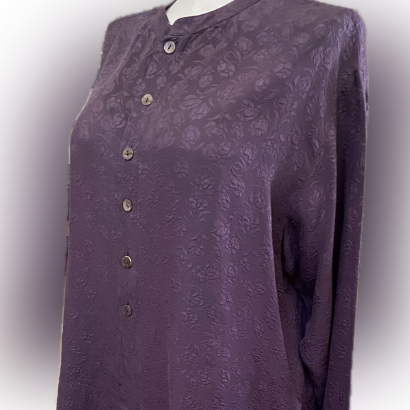 CHICO’S 100% Silk Deep Plum Long Sleeve Tunic 3-D flowing floral design Chicos 3 - Picture 5 of 11